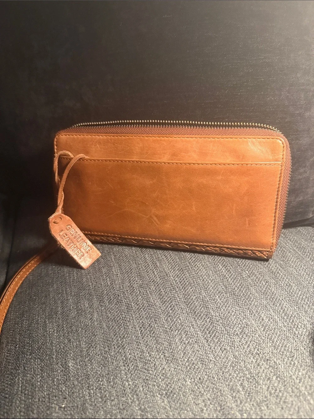 Woven Leather Wristlet Clutch - Tan Pre-owned Good Condition